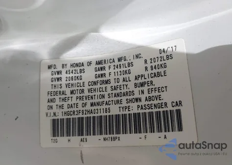 2017 Honda Accord Touring V6 from USA, damaged, VIN 1HGCR3F92HA031185